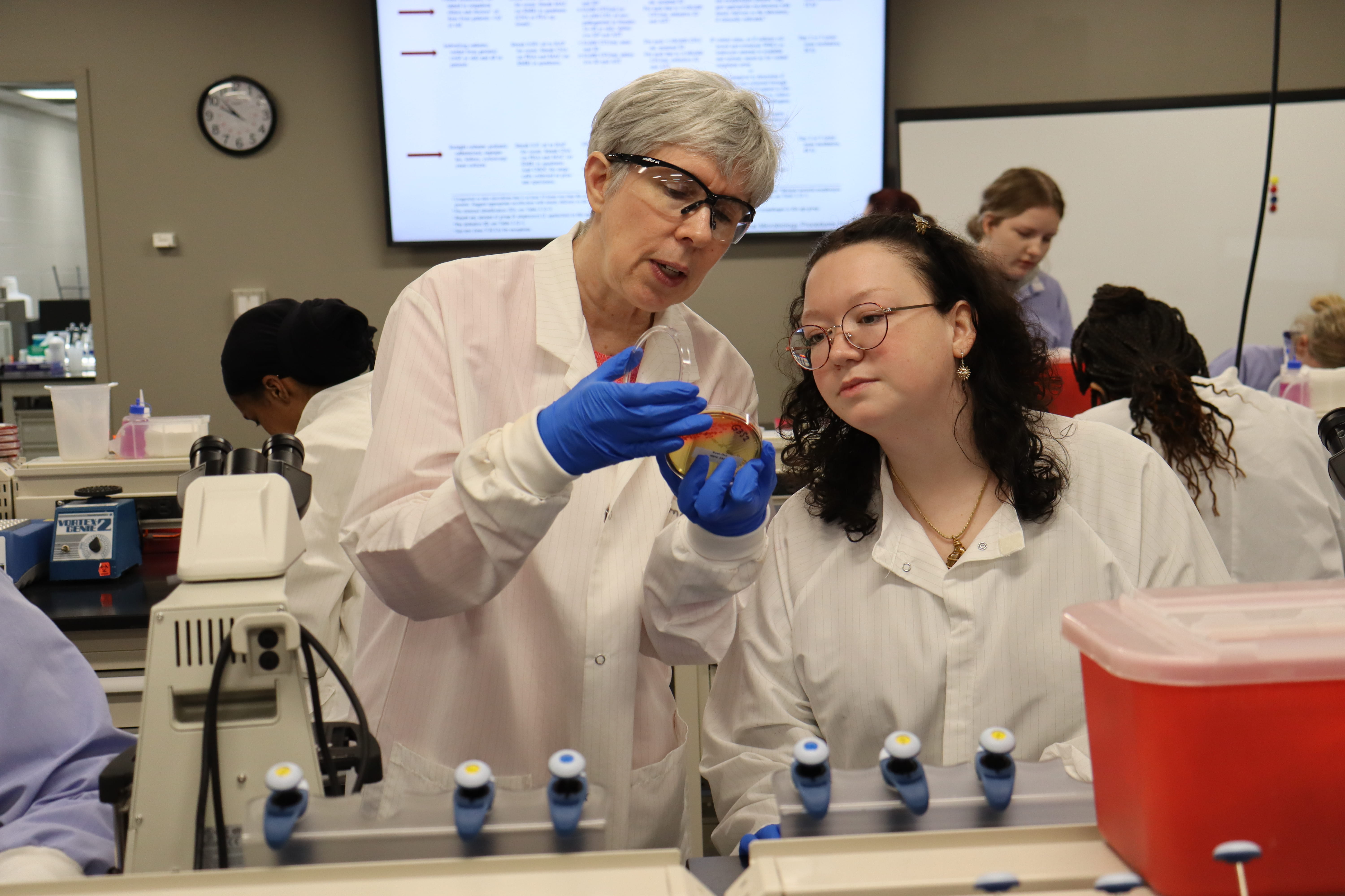 Two individuals in lab coats and gloves examining a petri dish in a laboratory setting with other people working in the background.