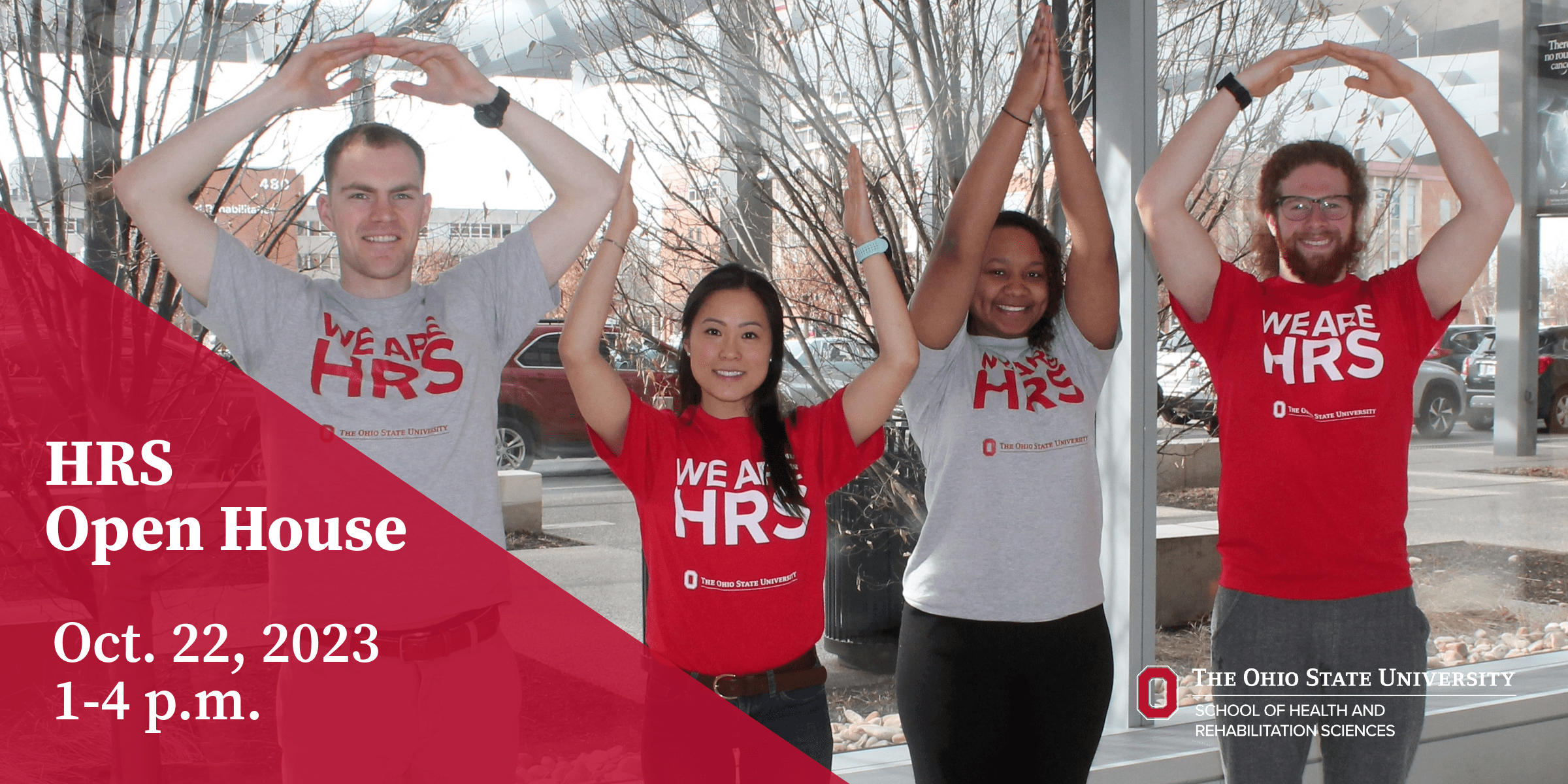 Four students wearing We are HRS shirts and using their hands to spell out OHIO. Text: HRS Open House. October 22, 2023, 1-4 p.m.